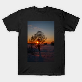 Sunset winter landscape with snow-covered road in violet and pink colors T-Shirt